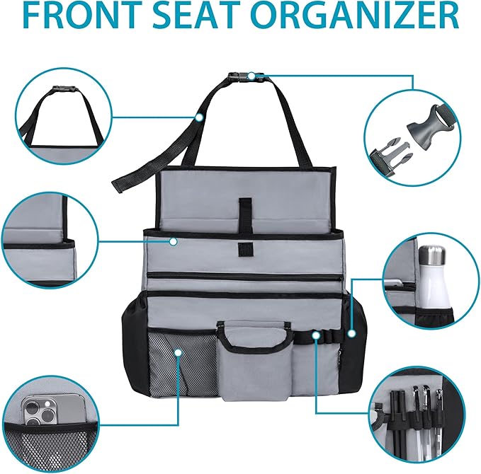 Elantrip Car Front Seat Organizer, Back Seat Storage with Adjustable Straps Truck Seat Organizers for Delivery Drive, Office File, Passenger Seat Gray