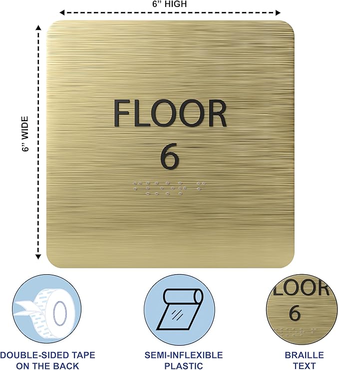 6" X6" Floor 6 Sign - ADA Compliant Tactile Graphics Grade 2 Braille Text Acrylic Wall Signs - Directional Assistance, Floor Number Safety Sign for Office, school Hospital, Apartment