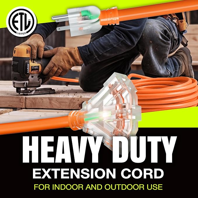 3ft Outdoor/Indoor Extension Cord 3-Outlet 12/3 Gauge Extra Heavy Duty ETL Listed, 3 Prong SJTW, Waterproof, Flexible Cold-Resistant Long Power Cord,15A 125V 1875W, Orange by LifeSupplyUSA