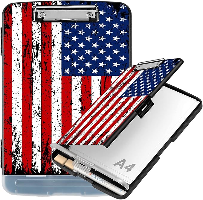 Clipboard with Storage Compartment, 8.5 x 11 Letter Size Side Opening Clip Board with Pen Holder, Hard Portable Clipboard Organizer for Nurse, Teacher, Contractor, Jobsite, American Flag 2