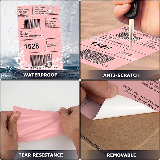 Pink Direct Thermal Labels 4 × 6 Inch Vinyl Self-Adhesive Fanfold Shipping Stickers Waterproof Perforated Printer Decal for Office School Warehouse 500 PCS