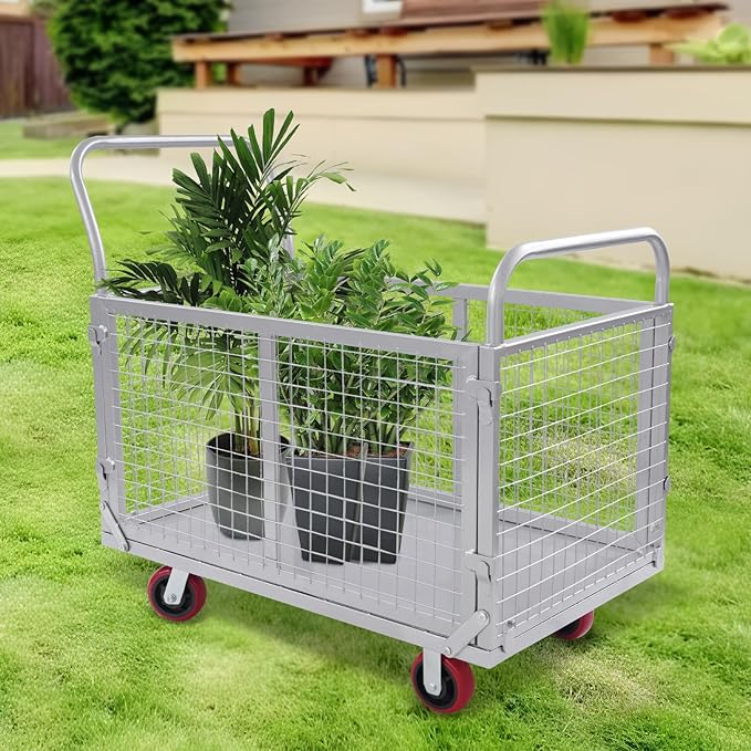Large Platform Truck Cart, 440LBS Heavy Duty Push Cart Dolly with Cage, 39 x 24in Steel Flatbed Carts Flat Dollys Hand Trucks for Groceries, Garage, Warehouse, Equipment