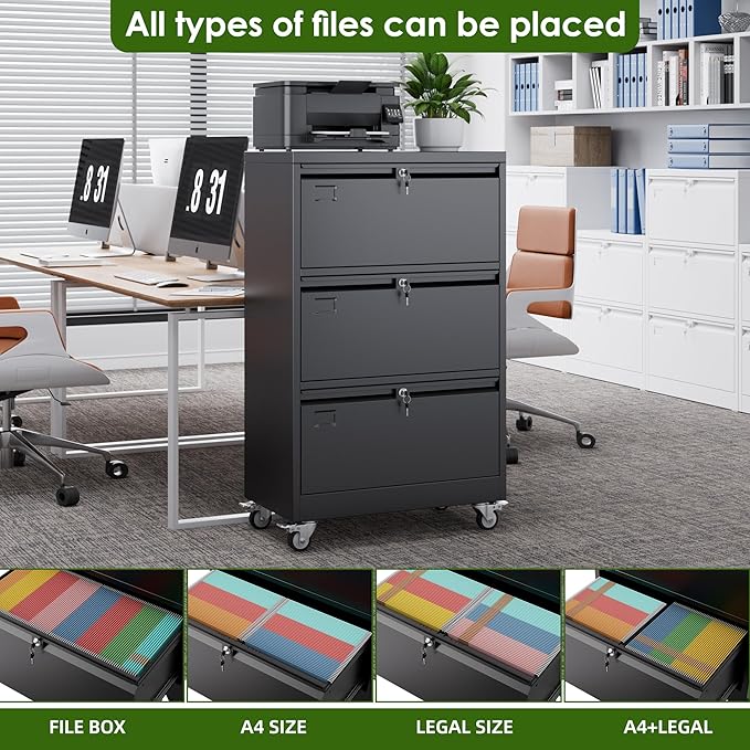 Aobabo 3 Drawer Lateral File Cabinet with Wheels, Lockable Metal Filing Cabinet for Home Office, Legal/Letter Size,Black,Required Assembled,15.87" D x 28.94" W x40.48 H