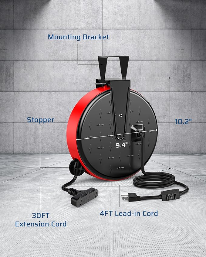 DEWENWILS 30 Ft Retractable Extension Cord Reel, Ceiling or Wall Mount 16/3 Gauge SJTW Power Cord with 3 Electrical Outlets Pigtail for Garage and Shop, 10 Amp Circuit Breaker, Metal Plate, UL Listed