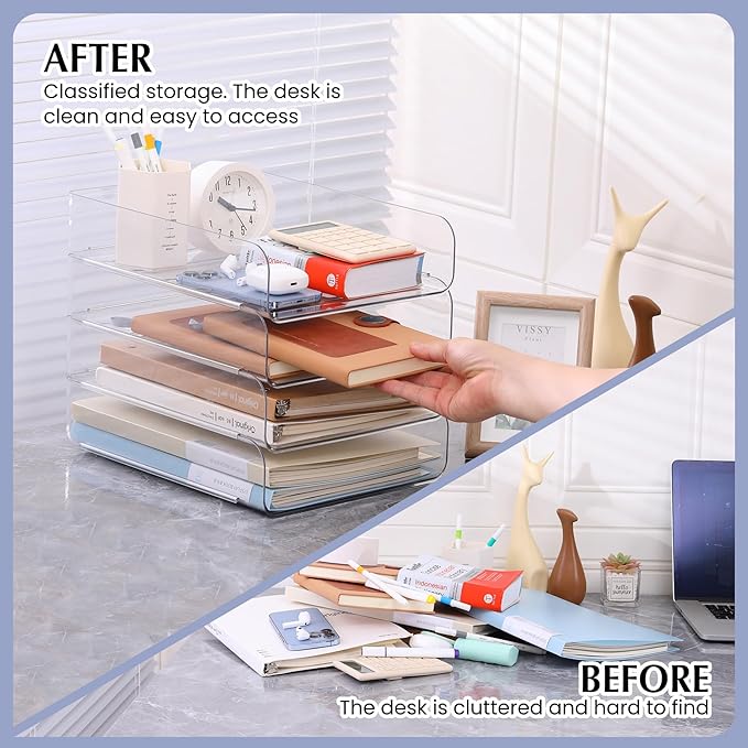 2 Pack Stackable Paper Tray, Acrylic File Organizer for Desk, Office Organizer and Storage for Desk Accessories, Notes, Books, File Paper, Document