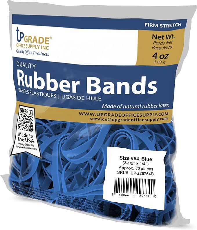Upgrade Office Supply UPG25764B Rubber Bands, Size 64 (3-1/2 x 1/4), Blue, 80 Bands, 1/4 lb Bag, USA