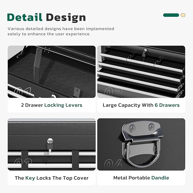Greenvelly 8-Drawer Rolling Tool Chest, Metal Tool Chest with Wheels, Tool Cabinet with Detachable Top Tool Box, Metal Tool Cart with Liner & Hooks for Garage, Workshop, Warehouse (Black)