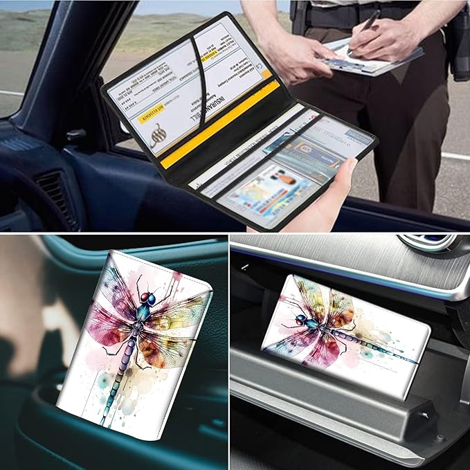 Car Registration and Insurance Holder, Leather Car Glove Box Organizer, Cool Car Accessories for ID, Driver's License Cards & Essential Document,business cards,Men&Women,Color Dragonflys