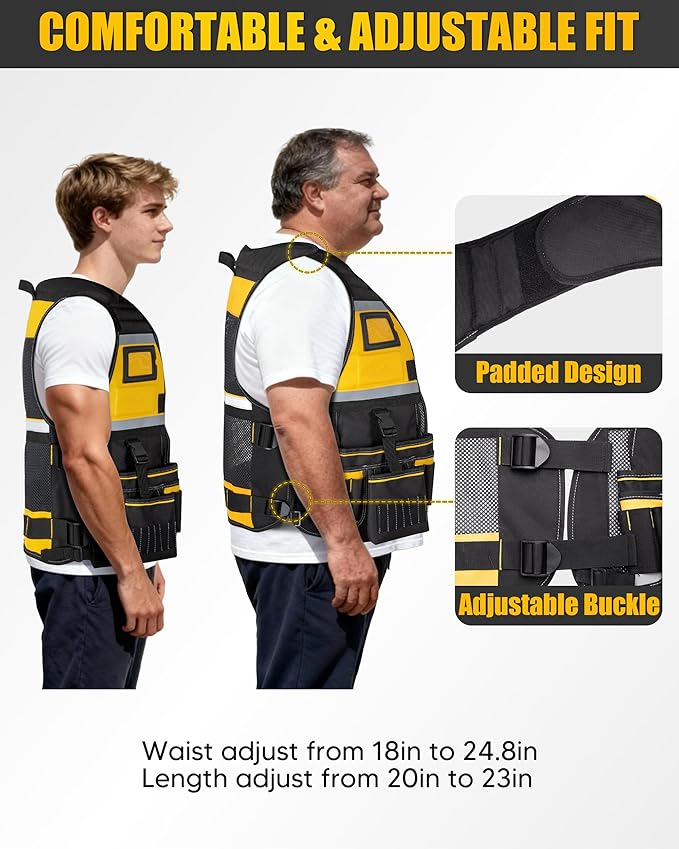 Tool Vest for Men with Adjustable Strap, Reflective Safety Work Vest for Electrician, Carpenter, Construction, Black and Yellow