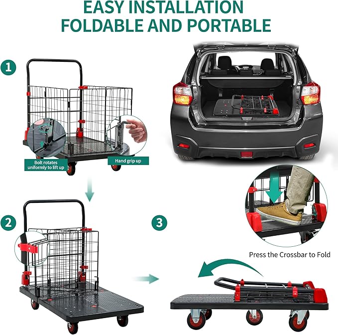 YITAHOME Platform Truck Cart with Cage, 42 x 26 in 1000LBS Capacity Folding Cart with Wheels,Heavy Duty Hand Moving Cart,Foldable Dolly Cart with Basket for Warehouse Luggage Moving