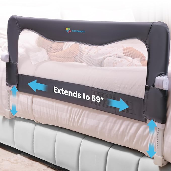 TotCraft Flexguard Height & Length Adjustable Bed Rail for Toddlers – Fits Twin, Full, Queen & King Beds – 35.5″ or 59″ Two Fixed Lengths – 14 Height Levels – ASTM Certified Kids Safety Guard (Grey)