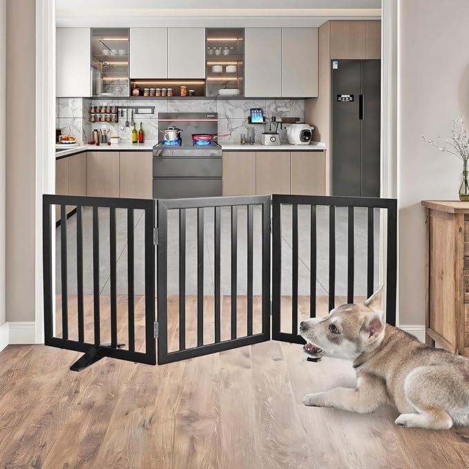 ZJSF Freestanding Indoor Dog Gate for House Foldable Wood Puppy Gate for Doorways Pet Gate for Stairs Extra Wide Pet Fence, Black, 24" Height 3 Panels