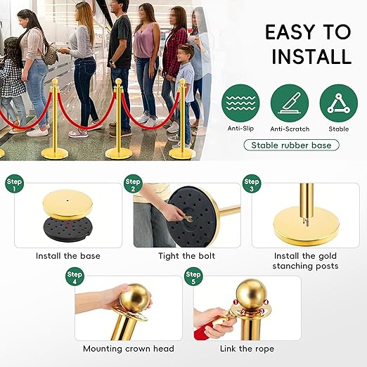 Gold Stanchions with Red Velvet Ropes - 4 Pack Stainless Steel Posts, Fillable PE Base, Crowd Control Barriers for Weddings, Events & Parties (gold-hollow-4PCS)