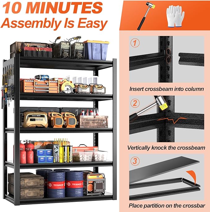 Metal Garage Shelving Unit with Pegboard, Heavy Duty 5-Tier Adjustable Industrial Storage Shelves, 5000 LBS Steel Storage Rack for Garage, Warehouse, Basement, 72" H x 59" W x 23.6" D, Black