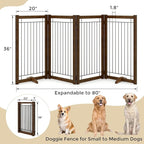 Wire Dog Gate Solid Wood Frame, Anti-Chewing, 4-Panel, 36" Height, 80" Width, Indoor Freestanding Pet Gate Foldable Wooden Dog Fences for Stairs, House, Doorway, Walnut Color