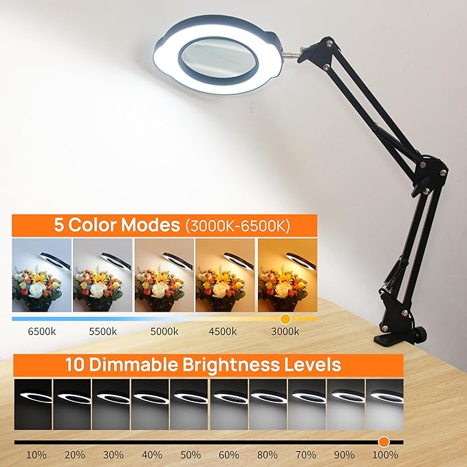 10X Magnifying Glass with Light and Clamp, 5 Color Stepless Dimmable Modes 84 LEDs Magnifier with Light Hands Free for Reading Sewing Crafts Repair and Close Work (10X Clamp)