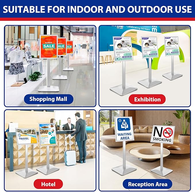 Pedestal Sign Holder 11x17inch Adjustable Floor Stand With Heavy Base & Snap Frame Display for Indoor Outdoor Business Store Poster (Silver)
