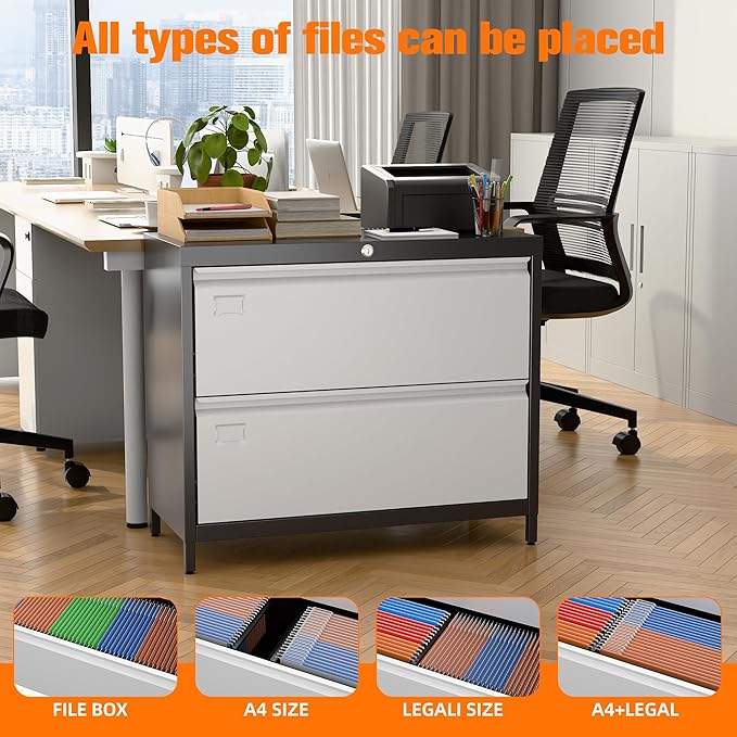 SUXXAN Metal 2 Drawer Lateral File Cabinet with Lock & Adjustable Feet - Wide Filing Cabinet for Letter/Legal/F4/A4 Hanging Files - Includes Business Card Holder,Home Office School Storage,Black/Grey