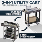 Olympia Tools Heavy Duty Utility Work Cart | 2 in 1 Convertible 3 Shelf to Flat Top Workstation | 660 lb Capacity, HDPE Frame, Ladder Hook, 4 Swivel Wheels | Tool Carts for Garage & Maintenance