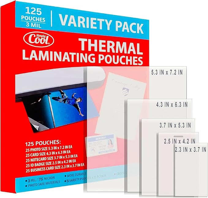3MIL Thermal Laminating Sheets (125 Count) Photo, Card, Notecard, ID Badge, and Business Card Sizes, Dry-Erase Friendly Laminating Pouches, Compatible with Laminators, Crystal Clear Laminated Finish