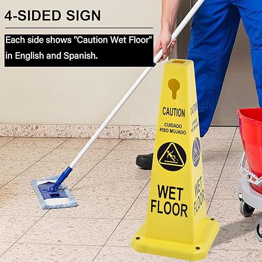 OrangeStar 4-Pack Wet Floor Caution Cones, Yellow Four Sided Bilingual Warning Message Safety Traffic Cones with Heavy Rubber Base for Indoor/Outdoor Use