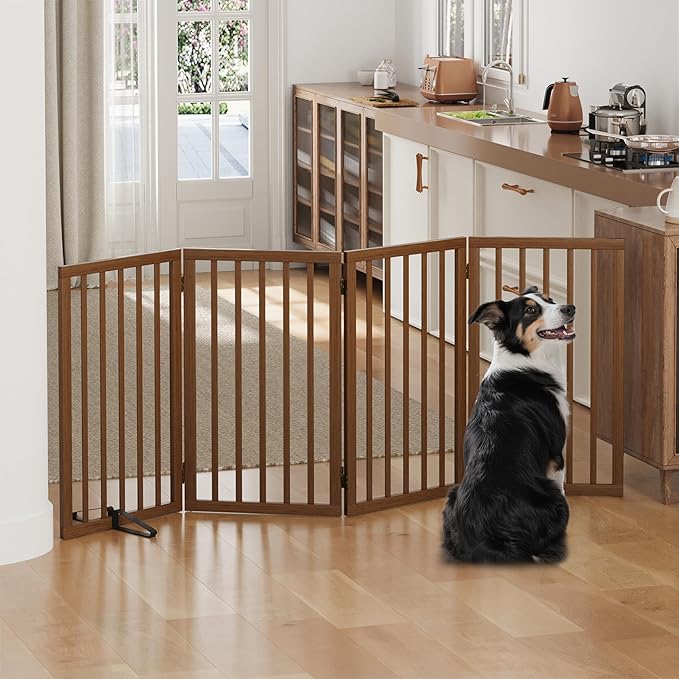 Dog Gates for Doorways, Tall Dog Gate Indoor, Foldable Pet Gates for Doorways Bedroom, Freestanding Puppy Gate with Metal Support Feet, Room Divider 4 Panels (Walnut)