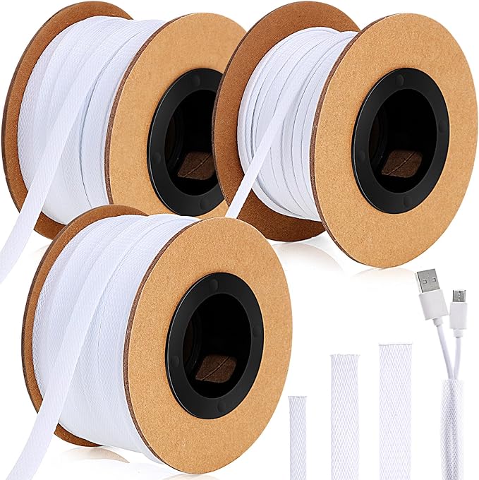 Pangda 300 Feet 1/4, 1/2, 3/8 Inches Wire Loom PET Expandable Braided Sleeving Braided Sleeve for TV, Computer, Home Theater (White)