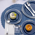 700PCS Navy Blue Plastic Plates for 100 Guests, Disposable Plates with Gold Trim include 100 Dinner plates, 100 Dessert Plates, 100 Gold Silverware, Cups and Napkins for Party, Graduation