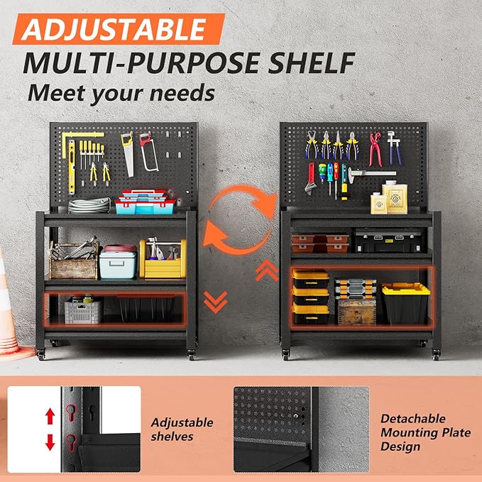 Metal Garage Shelving Unit with Pegboard, Heavy Duty 3000LBS Capacity Adjustable Industrial Storage Shelves, Mobile Steel Storage Rack for Garage, Warehouse, Basement, 47.2" H x 33.5" W x 18" D, Black