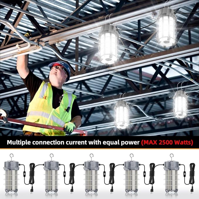 250W LED Temporary Work Light 37,500 Lumen Construction Lights 5000K LED Work Light with Stainless Steel Shield and Hook for Indoor Outdoor Job Site Lighting