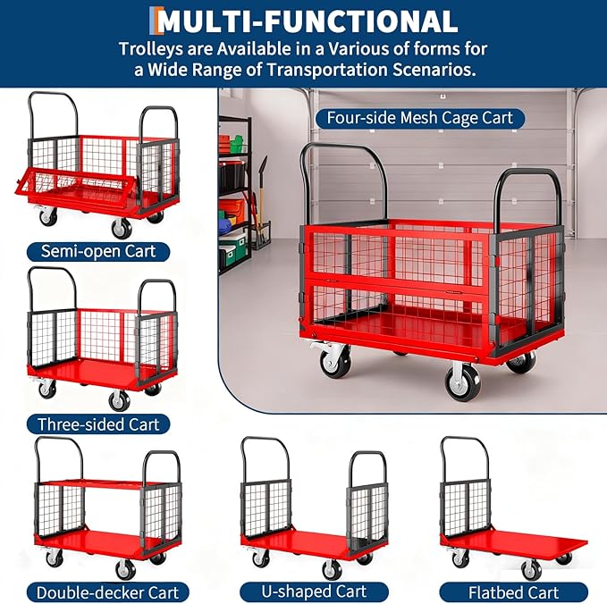6in1 Foldable Platform Truck Cart with Cage Platform Truck,1800lbs Push Cart Dolly Capacity Flatbed Hand Truck Dolly Cart Multipurpose for Grocery, Laundry, Garage, Warehouse (Red+Black)