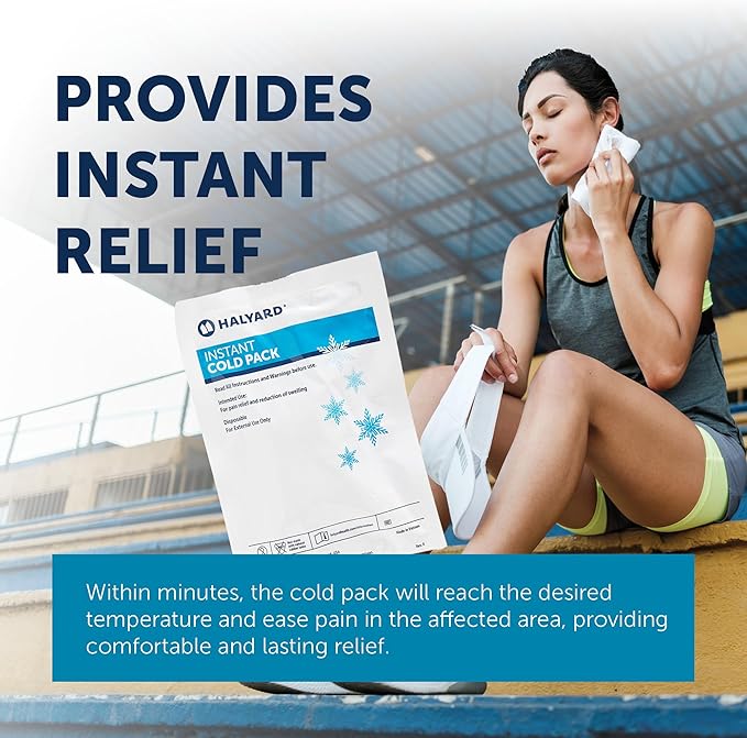 HALYARD Instant Cold Pack Disposable Cold Compress Ice Packs w/Flocking for Swelling Injuries Toothaches Sprains Strains 6 x 9 Inches, 24 Packs Per Case - 51788