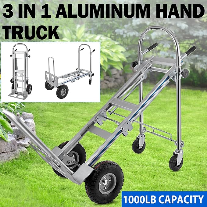 3in1 Aluminum Hand Truck,Convertible Hand Truck Dolly Large Size 1000 lb Capacity, Utility Cart Converts from Hand Truck to Platform Cart with 10" Hi Tech Rubber Wheels
