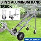 3in1 Aluminum Hand Truck,Convertible Hand Truck Dolly Large Size 1000 lb Capacity, Utility Cart Converts from Hand Truck to Platform Cart with 10" Hi Tech Rubber Wheels
