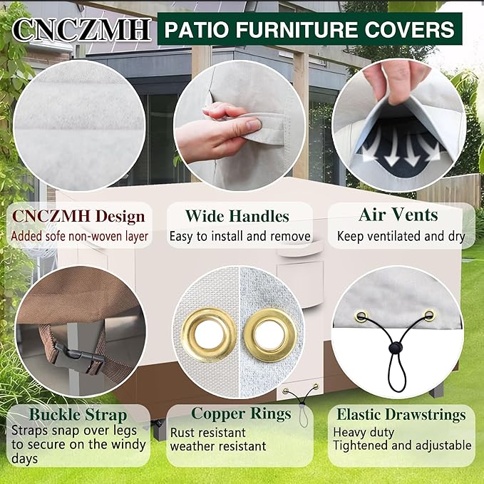 Square Heavy Duty Patio Table Covers Waterproof, 600D Outdoor Dining Table and Chair Set Covers, Outdoor Furniture Cover Waterproof for Sectional Sofa Couch 98''L x 98''W x 32''H, Beige Brown