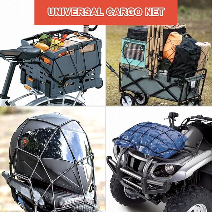 Cargo Net Motorcycle Fuel Tank Net Natural Latex Core, 15"x 15" Extends to 30"x 30" with 2"x 2" Mesh for Motorcycle Helmets, Bikes, ATVs, UTVs, Luggage (Black, 1 Pack)