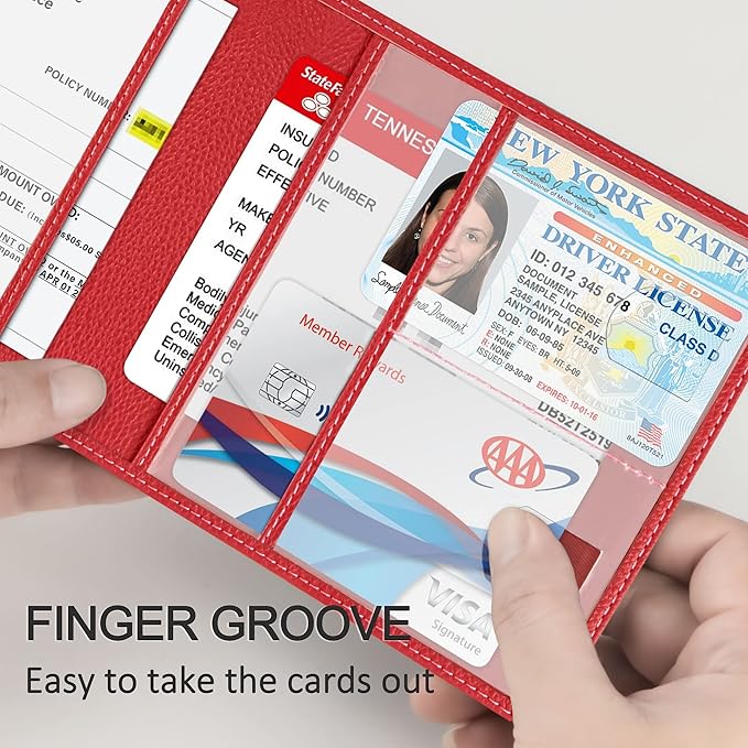 Car Registration and Insurance Holder, Premium PU Leather Vehicle Glove Box Car Organizer Men Women Wallet Accessories Case for ID, Driver's License - Red