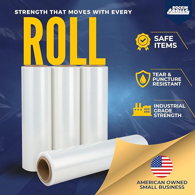 Rockin Rolls Stretch Film Wrap, 4 Rolls Heavy Duty Pallet Wrap – 18" x 1500 FT x 80 Gauge, Clear Plastic Moving Wrap for Packing, Shipping, Furniture & Luggage – Durable Self-Adhering Shrink Wrap Roll