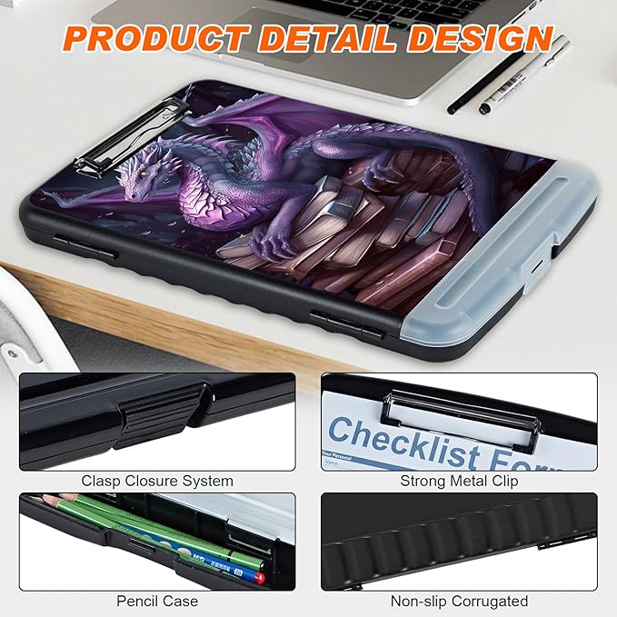 Clipboard with Storage Compartment, 8.5 x 11 Letter Size Side Opening Clip Board with Pen Holder, Hard Portable Clipboard Organizer for Nurse, Teacher, Contractor, Jobsite, Purple Dragon Book