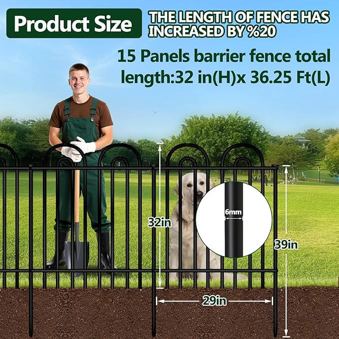 Decorative Garden Fence, 15 Panels No Dig Fence, 32 in(H) x 36.25 ft(L) Animal Barrier for Dogs Rabbits, Rustproof Metal Arched Decorative Garden Fences for Flower Bed, Outdoor, Yard, Patio