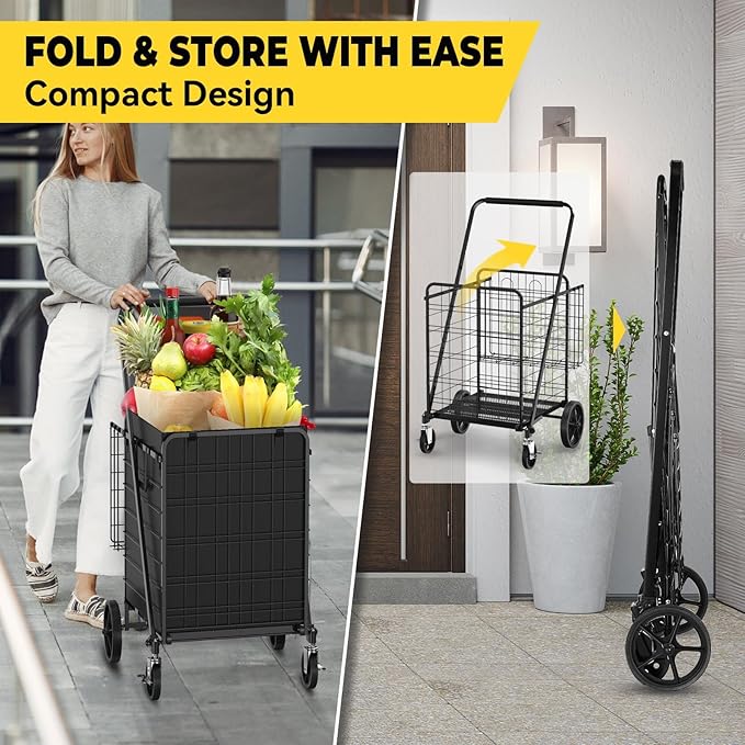 4.7 Cu Ft Folding Shopping Cart - 480 LB Capacity Grocery Cart with 360° Braked Swivel Wheels - Heavy Duty Utility Cart with Double Basket & Removable Waterproof Liner with Lid for Laundry