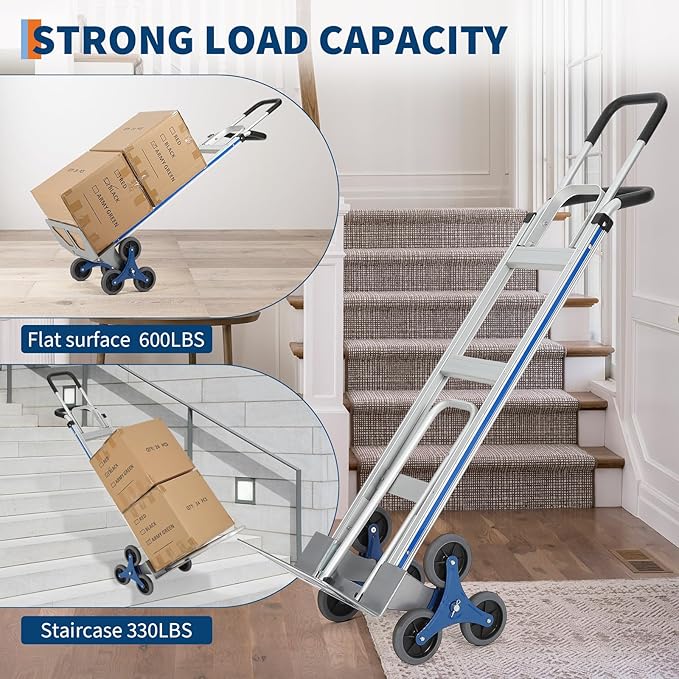 Heavy-Duty 2-in-1 Aluminum Stair Climbing Hand Truck – 600 lbs Capacity, Dual Handles, Extendable Base Plate, 6 Wheels, 2 Elastic Ropes – Versatile Trolley for Home, Warehouse, Shopping – Silver