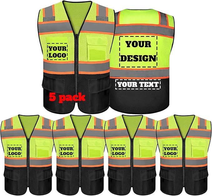 Safety Vest Reflective High Visibility with 5 Pockets ＆Zipper Class 2 Adult Unisex Construction Security Workwear