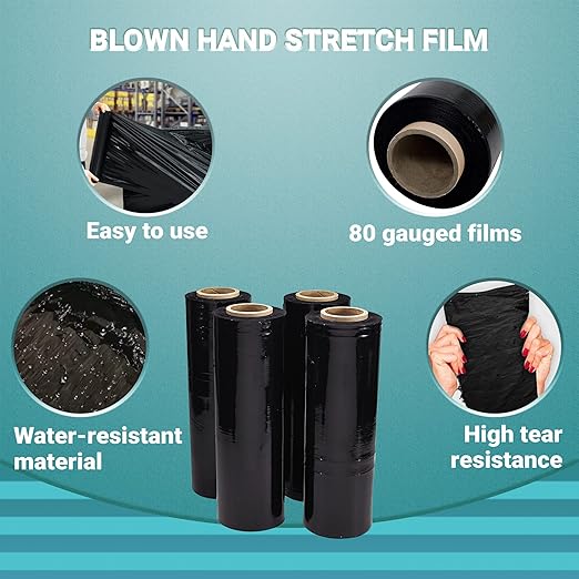 APQ 4 Rolls of Blown Hand Stretch Film 15" x 1500'. Black Hand Stretch Wrap, 80 Gauge. Tear Resistant Residue Free Film for Moving, Shipping, Wrapping. Industrial Grade Pallet Shrink Wrap Film.