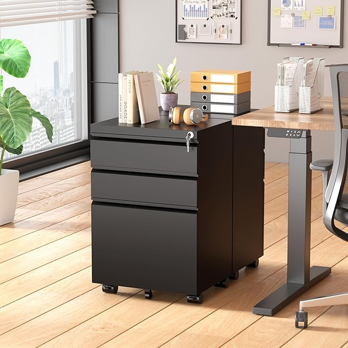 Superday File Cabinet 3 Drawer, Metal Rolling Vertical Filing Cabinet with Wheels, Small Under Desk File Cabinets for Home Office (Black)