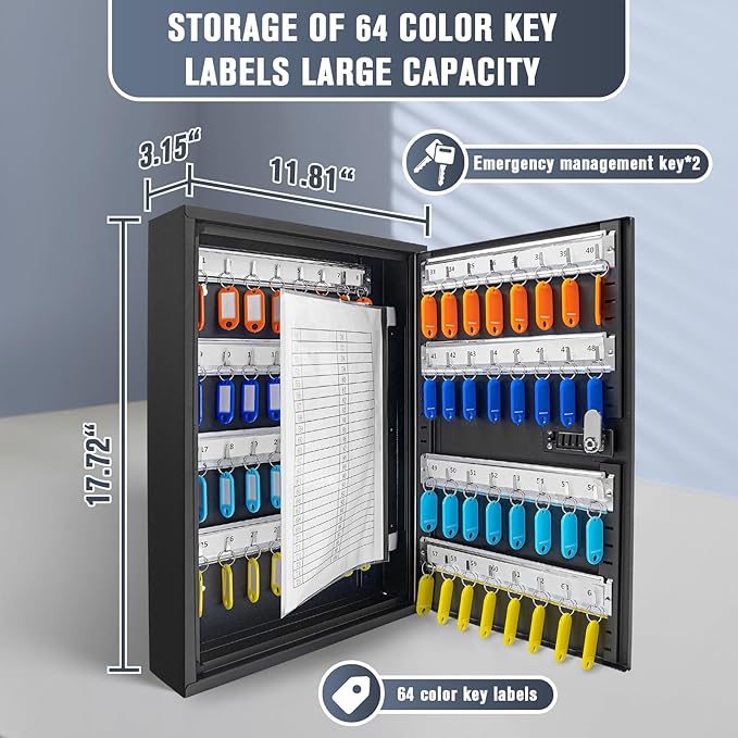 Key Cabinets, Key Organizer Box(64 Keys),Key Cabinet Wall Mount, Key Lock Box Wall Mount for Hotels Offices Property Management Apartment Complexes Car Lots Car Dealerships and Repair Shops