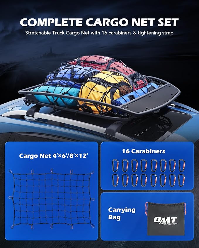 Orion Motor Tech Cargo Net for Pickup Truck Beds, 4x6 Truck Cargo Netting and Roof Rack Cargo Net Compatible with Ford Ram GMC Toyota Chevrolet 8x12 Max Cargo Netting with Handmade Knots 16 Carabiners