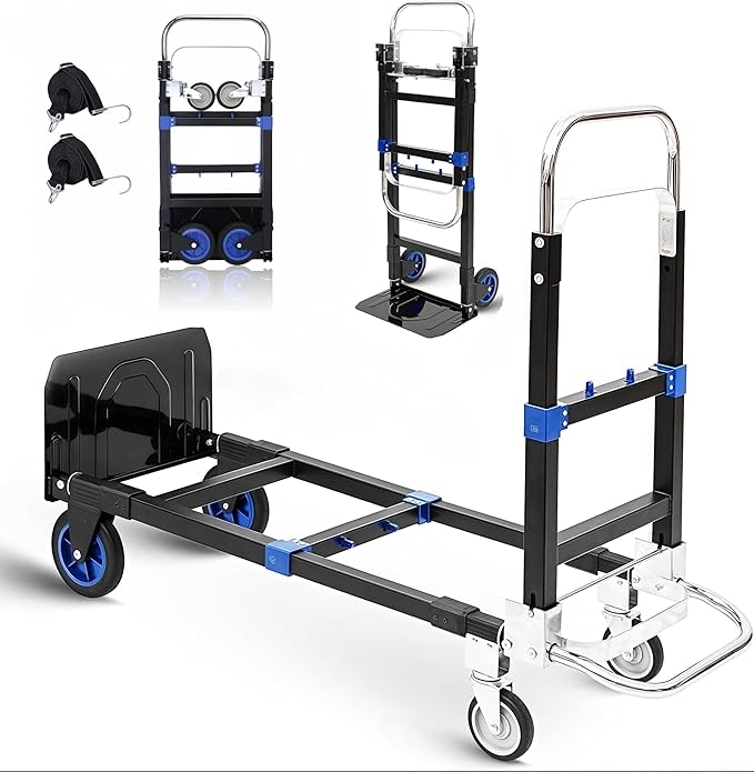 3 in1 Heavy Duty Convertible Hand Truck Dolly Cart, Folding Trolley Cart with Wheels, 600lbs Capacity for Transport Moving in Warehouse, Supermarket, Equipment (Blue)