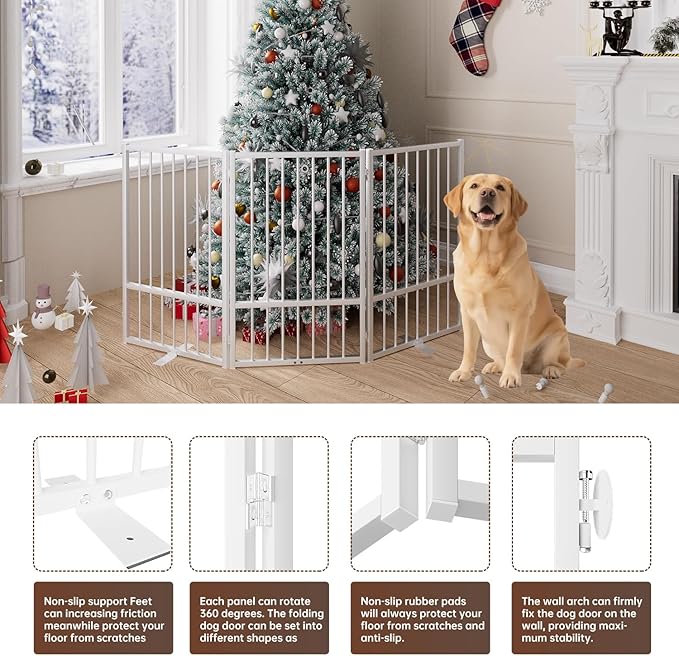 3 Panels Full Metal Freestanding Dog Gates, 60” W x 32” H Folding Pet Gate Fence with Support Feet for Indoor,Stairs, Hallways and Doorways(White)
