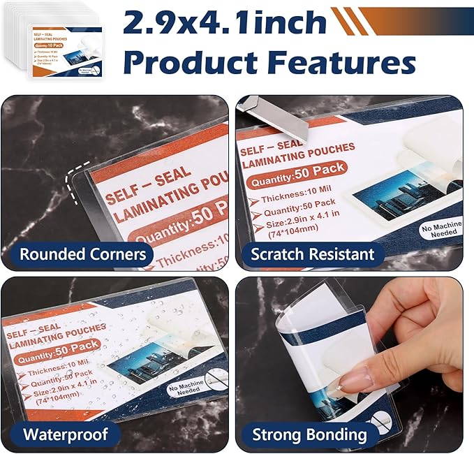 50 Pack 10 Mil 2.9"x4.1" Self Sealing Laminating Pouches Plastic Laminating Sheets Business Card Size Clear Lamination Paper for Office School Home Supplies（Waterproof & No Laminator Need